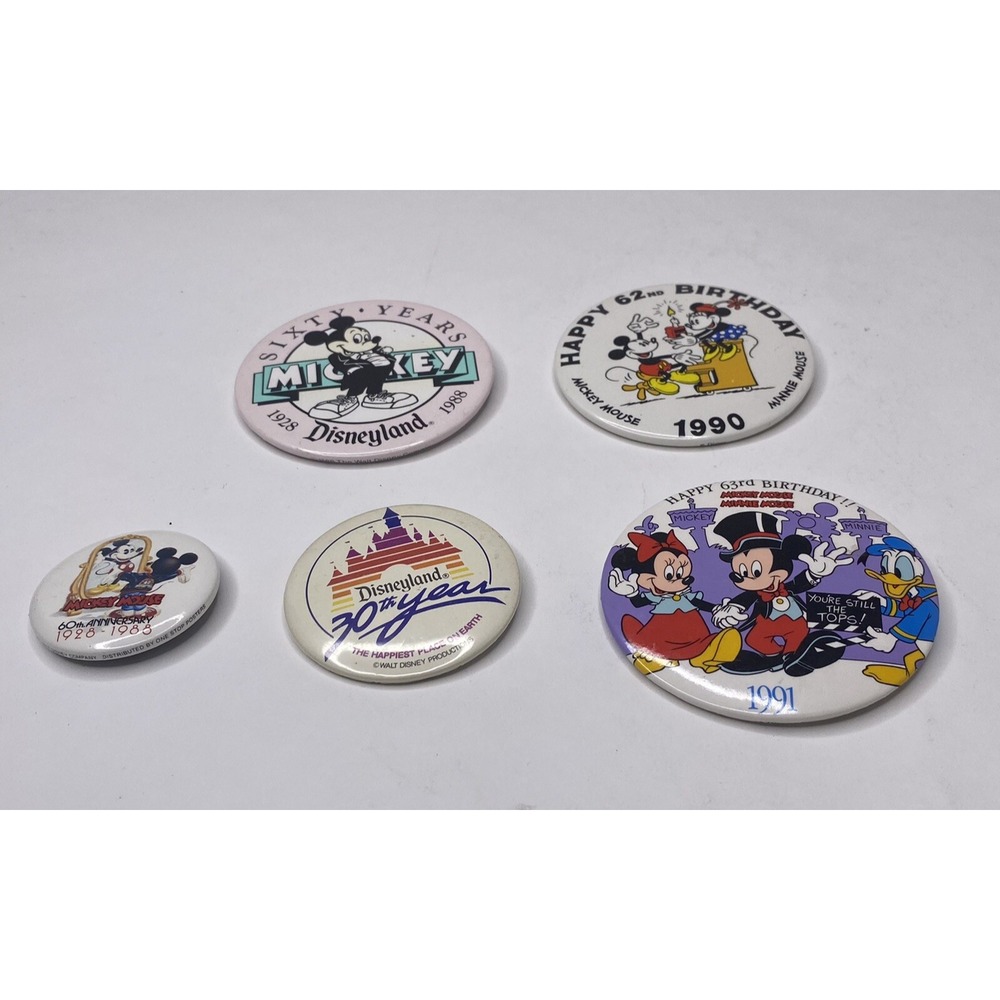 Lot of 5 Vintage Disney Mickey Mouse Happy Birthday Pinback Buttons 1988-1991